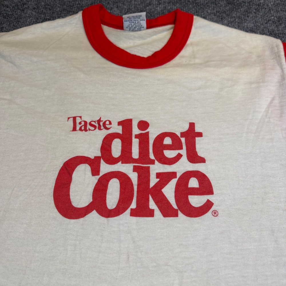 Vintage 80's Diet Coke Promo Ringer T-Shirt Mens Large Single Stitch Red White